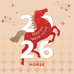 Chinese New Year, Year of the Horse greeting card design with a red jumping horse and 2026 numbers on a gold background.