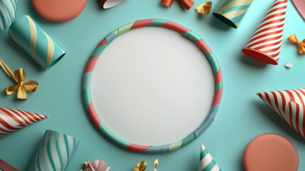 Happy circular frame for colorful party celebration. Festive hats on blue background make fun border for birthday
