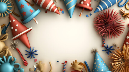 Festive circular frame background of party hat, firework, streamer, and popper for dynamic celebration event