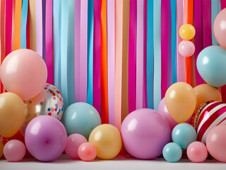 Joyful party celebration background with colorful balloon and streamer decoration for happy festive event
