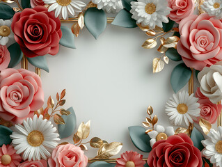Celebratory floral frame background with beautiful red rose and white daisy for romantic birthday greeting card