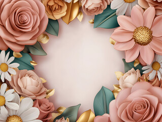 Romantic floral frame with rose and daisy for beautiful birthday or wedding background. Elegant card design for celebration