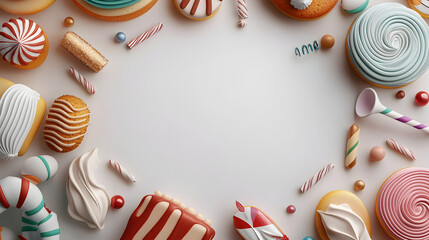 Fun party frame of cake, candy, and sweet dessert. joyful background with party horn and colorful pastry