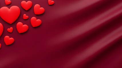 Red hearts are arranged on a red wavy background creating a romantic and loving image
