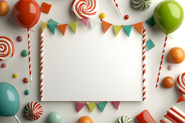 Joyful birthday party frame background with colorful candy and celebration decoration. festive, sweet empty card