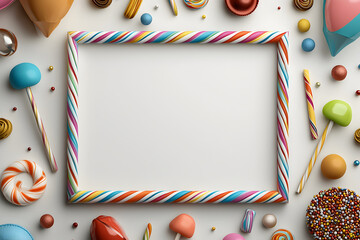 Joyful colorful candy frame for sweet birthday party celebration on white background with copy space for text