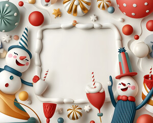 Happy snowman character celebrating Christmas with festive decoration. square frame on white background with holiday ornament