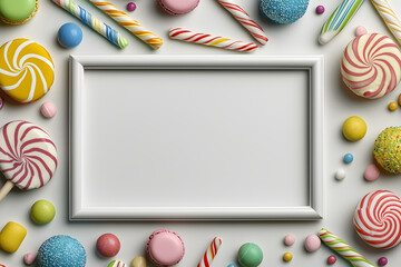 Cheerful flat lay of blank frame mockup with colorful sweet candy lollipops on white background for birthday party