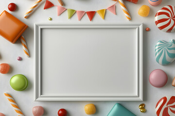 Joyful birthday party frame with colorful sweet candy celebration. fun festive banner and background for mockup
