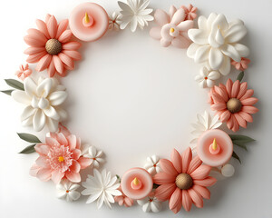 Serene birthday wreath frame with pink and white flowers and candles creates gentle, peaceful background for celebration