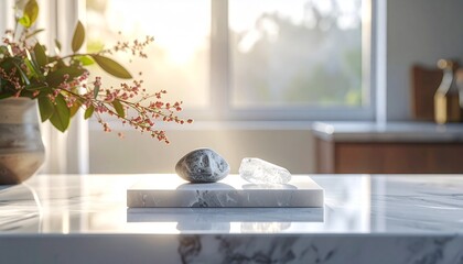 A grey stone and a translucent crystal on a marble block sit on a reflective countertop by a sunny window and flowers