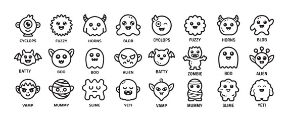 Cute kawaii monster icon set cyclops fuzzy horns blob batty boo alien vamp mummy slime yeti © MDABDUR