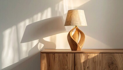 A lit table lamp with a twisted wooden base and a fabric shade rests on a wood cabinet Sunlight casts shadows on the wall