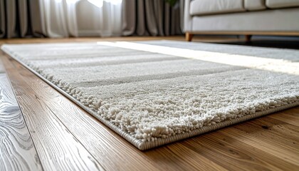 A lowangle closeup of a textured lightcolored rug on a wooden floor with a sunbeam stretching across it