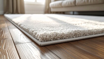 A lowangle closeup shot of a plush offwhite shag rug on a polished dark wood floor with soft sunlight in the background