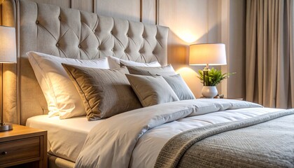 A neatly made bed with a beige tufted headboard white and brown pillows and lit lamps on wooden nightstands in a cozy bedroom