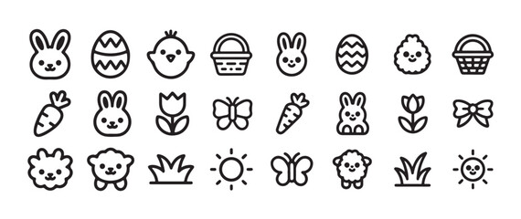Set of black and white cute easter icons doodle style outline cartoon spring collection © MDABDUR