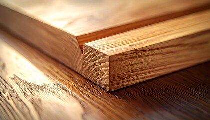 A macro shot of a mitered wood corner with a slot resting on a dark textured wood surface illuminated by warm light