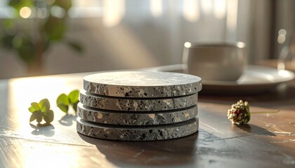 A stack of four round speckled terrazzo coasters on a wooden table bathed in soft sunlight with a blurry cup in the background