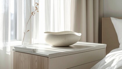 A speckled wavy bowl and a vase with a dried branch sit on a sunlit bedside table next to a window with sheer curtains