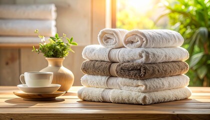 A stack of white and brown towels on a wooden table next to a white cup and a vase Sunlight streams in from a window