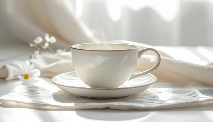 A steaming lightcolored ceramic cup and saucer rest on a white cloth accented by small white flowers and soft natural light