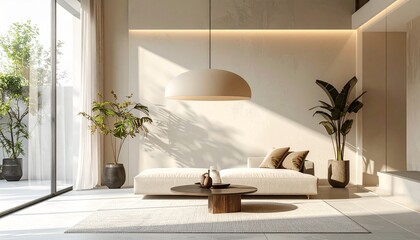 A sunlit living room with a dome pendant light white sofa and wood coffee table Sunlight from a window casts shadows on walls