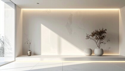 A sunlit minimalist white room features a textured wall and an illuminated shelf with modern vases and plants Strong shadows are cast from a large window onto the tiled floor