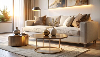 A sunlit modern living room with a beige sofa two round coffee tables vases and a floor lamp by a large window