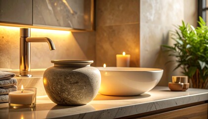 A warm candlelit bathroom vanity with a stone vase a white vessel sink a gold faucet and folded towels on a marble top