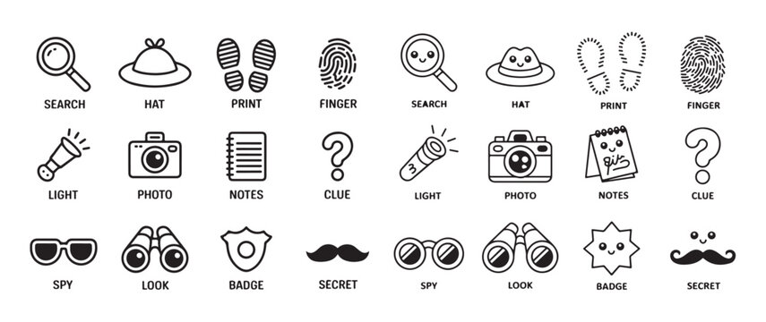 Cute kawaii detective spy icons set search hat print finger light photo notes clue binoculars badge