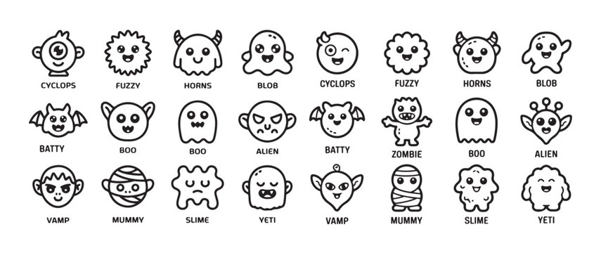 Cute kawaii monster icon set cyclops fuzzy horns blob batty boo alien vamp mummy slime yeti