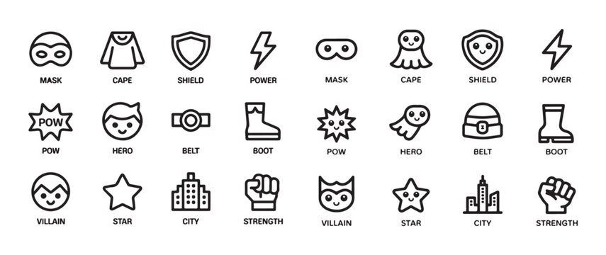 Cute kawaii superhero icon set mask cape shield power pow hero belt boot villain star city strength