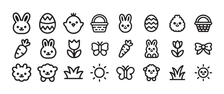 Set of black and white cute easter icons doodle style outline cartoon spring collection