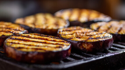 Delicious smoky grilled eggplant slices on a hot BBQ grill, a close-up of a healthy vegetarian and vegan side dish