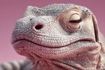 Fototapeta premium Close-up of a relaxed lizard face with textured skin and closed eyes against a soft pink background