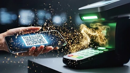 A hand holding a smartphone with a QR code on the screen near a payment terminal, with sparks flying between them - Powered by Adobe