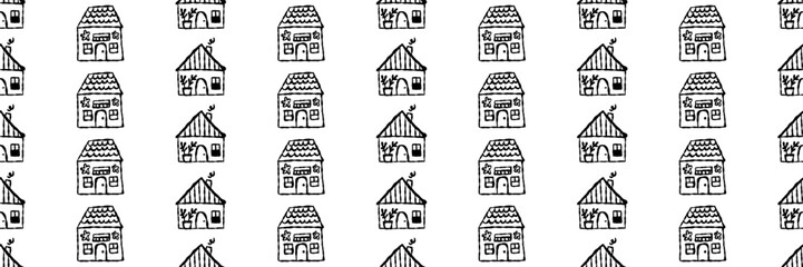 Playful doodle pattern with small houses in Scandinavian style. Seamless background with simple line design. Vector illustration on an isolated background.