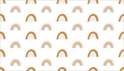 Seamless pattern with cute boho rainbows in warm pastel tones. Decorative vector background for kids and baby designs. Vector illustration on an isolated background.