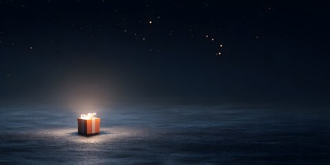 Surreal night scene with glowing gift box on smooth ocean surface under starry sky with soft light and distant horizon background