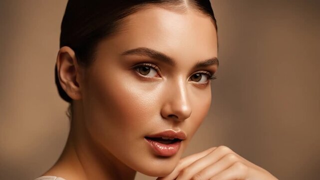 Elegant woman with flawless makeup showcases beauty and skincare routine in studio