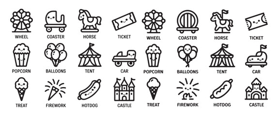Fun collection of amusement park and carnival icons representing entertainment rides and food