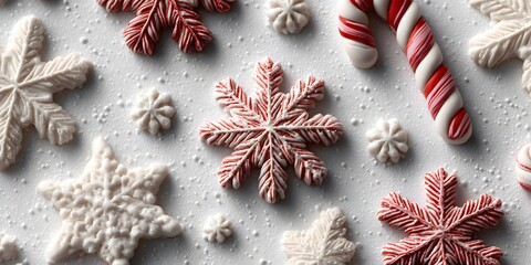 Christmas holiday cookies and candies display with festive snowflake and candy cane decorations on textured surface