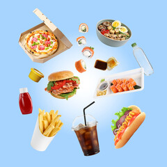 Different fast food, drinks and sauces falling on light blue background. Meal delivery service