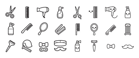Hair salon barber tools and beauty care accessories cute happy line icons set