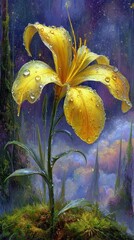 Yellow Lily In Night Forest With Dew Drops