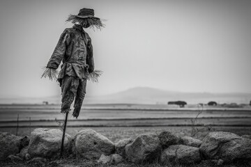 Black And White Scarecrow In Rural Field