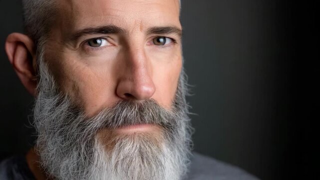 Man with beard looks directly at the camera in a close-up shot indoors with soft lighting and a dark background