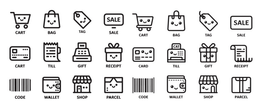 Shopping commerce retail cart bag tag sale receipt card gift and wallet line icons