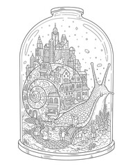 Fototapeta premium Whimsical fantasy castle on the back of a giant snail inside a glass bottle, detailed coloring page illustration, black and white line art
